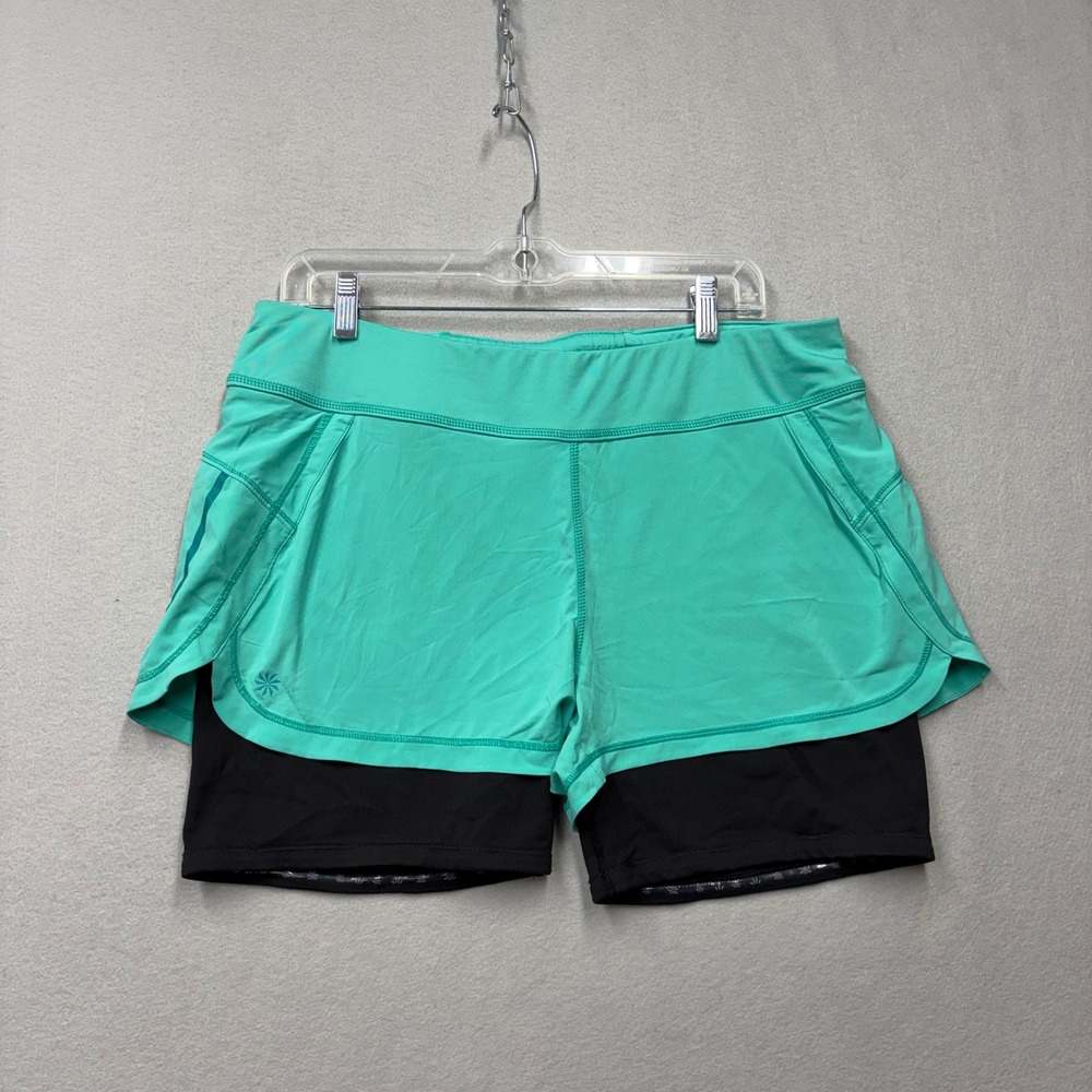 Athleta 2-in-1 Running Shorts Womens L Teal Black Compression Liner Gym Workout